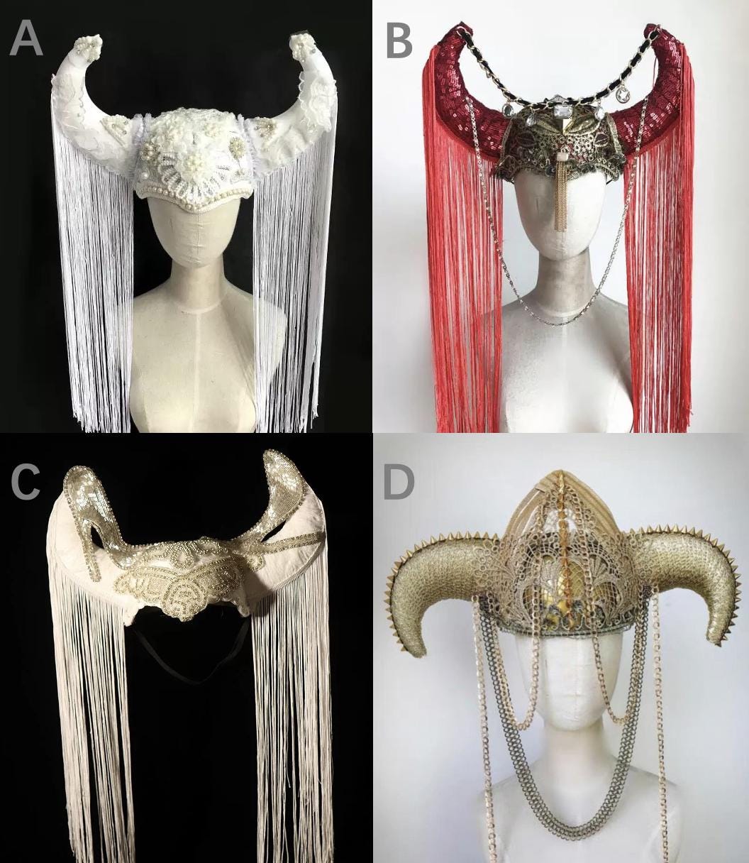 Detailed craftsmanship of the Silver & White Embroidered Horns Headpiece
