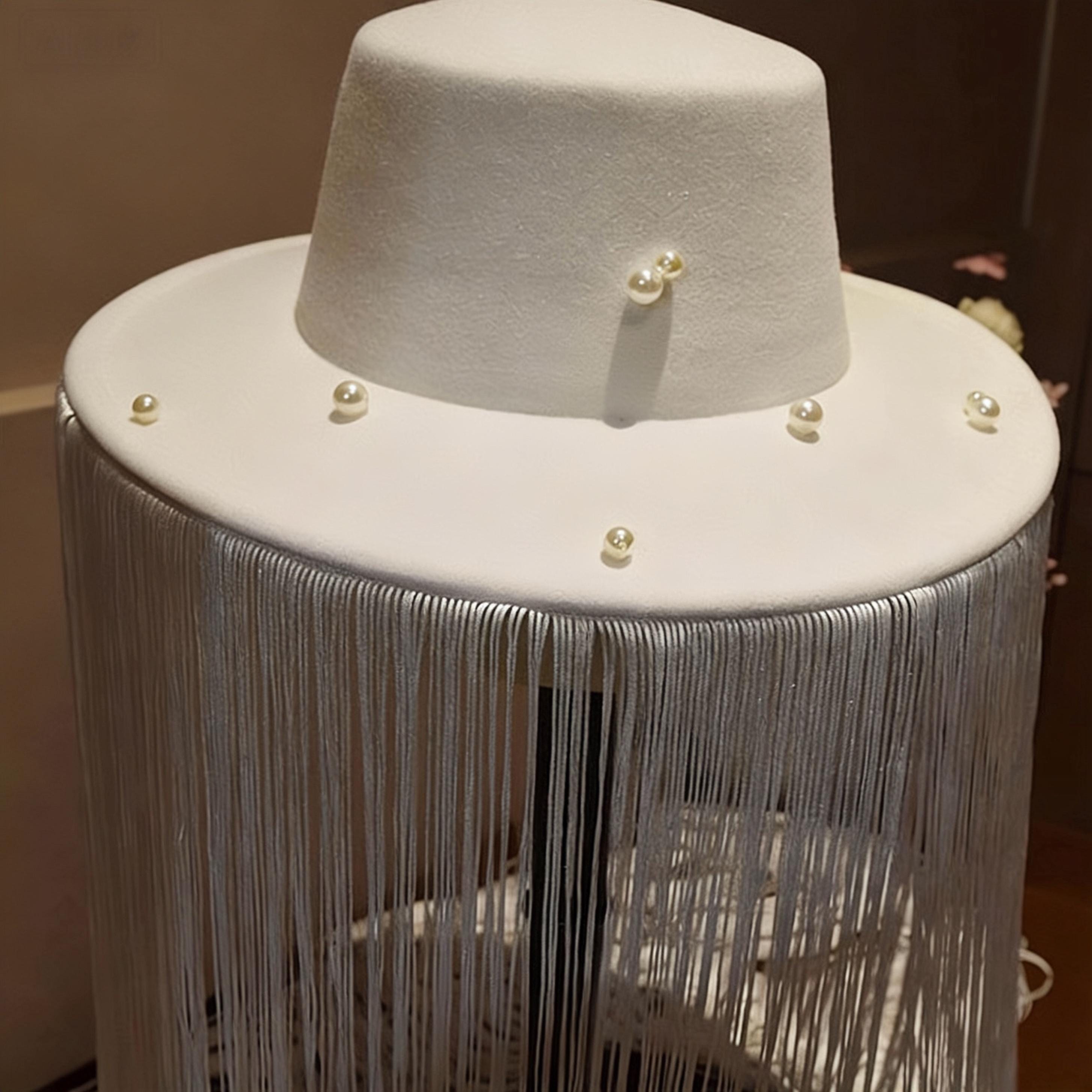 Artistic design details of the White Long Fringe Pearl Studs Hat