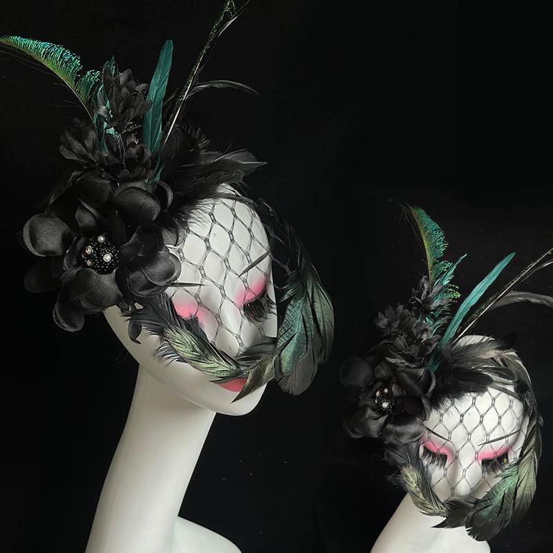 Handcrafted Black & Emerald Fishnet Bridal Veil with feather, floral