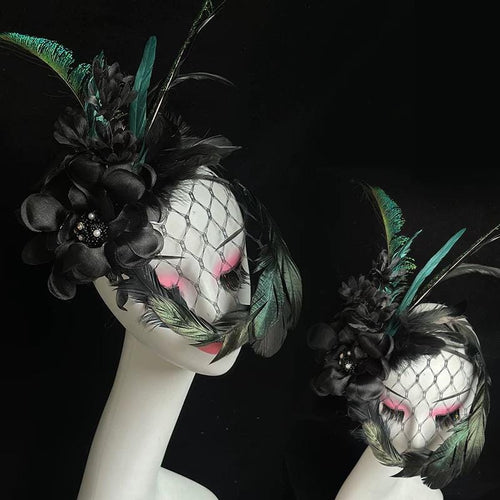 Handcrafted Black & Emerald Fishnet Bridal Veil with feather, floral
