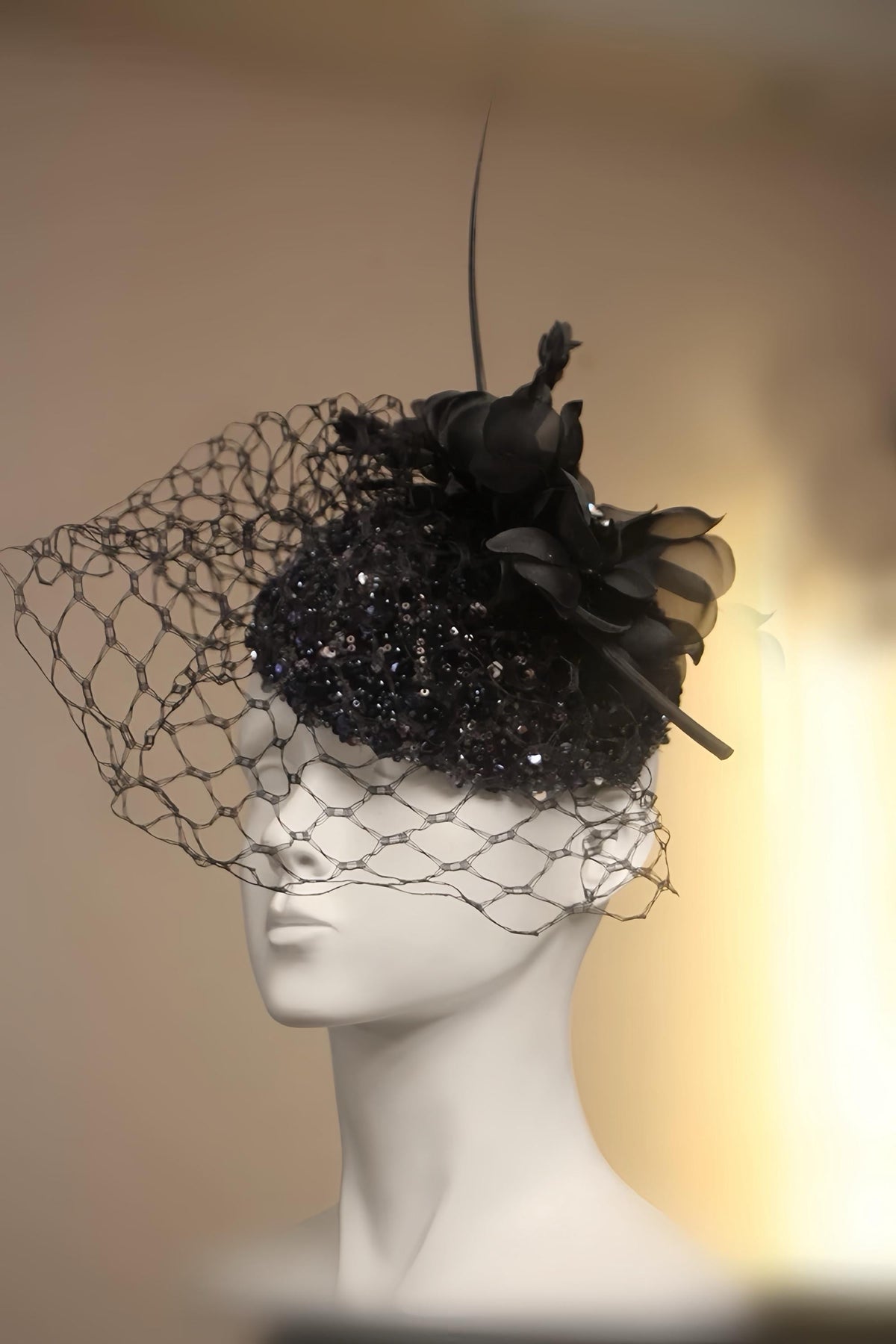 Black Sequin Flower Pillbox Hat showing its carefully made details