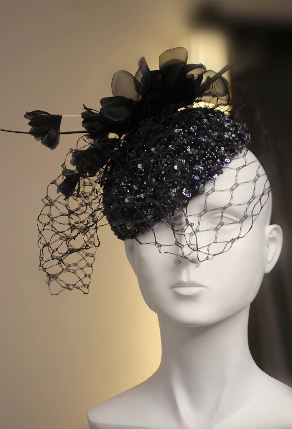 Handcrafted Black Sequin Flower Pillbox Hat with flower, veil
