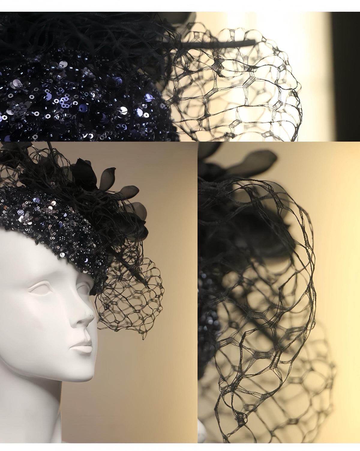 Black Sequin Flower Pillbox Hat displayed as wearable art