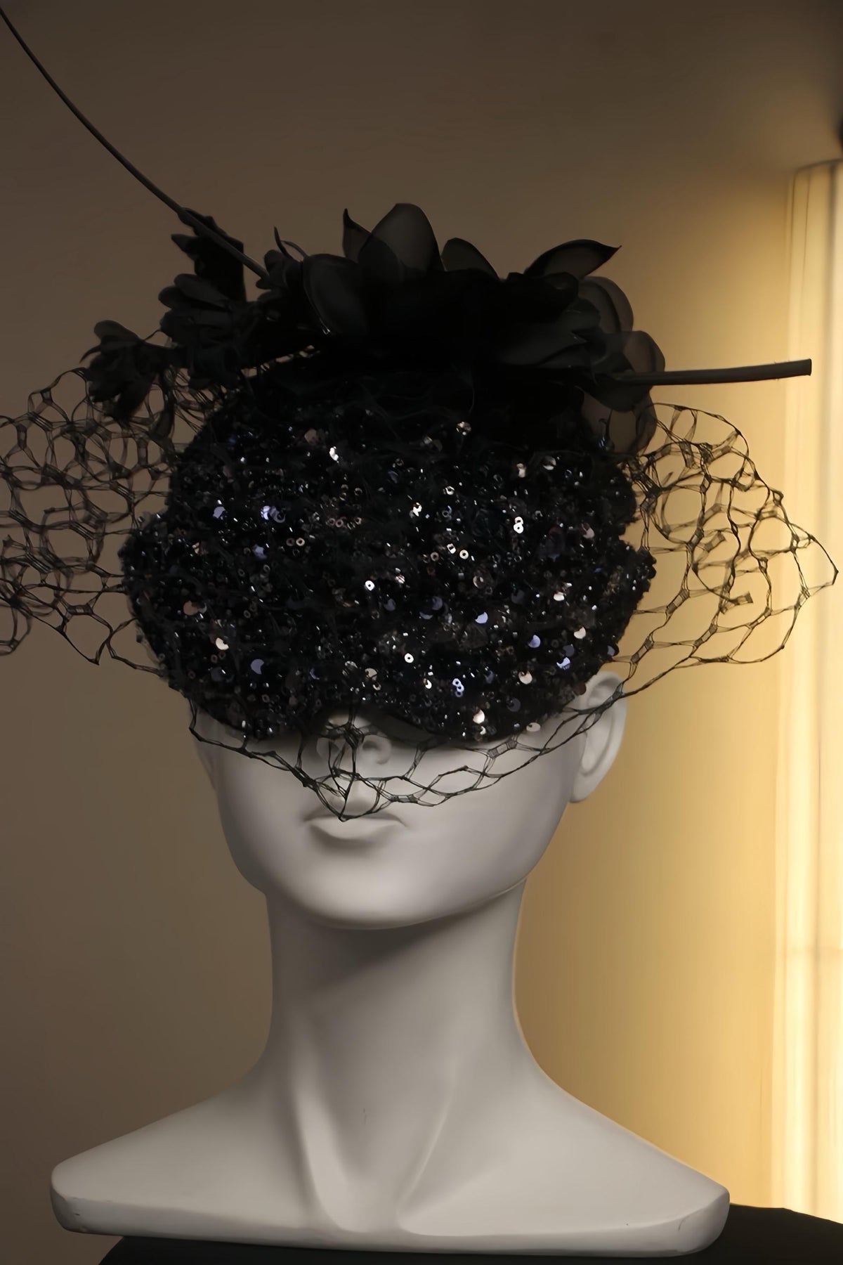 Made-to-order Black Sequin Flower Pillbox Hat by EclipseAdorn