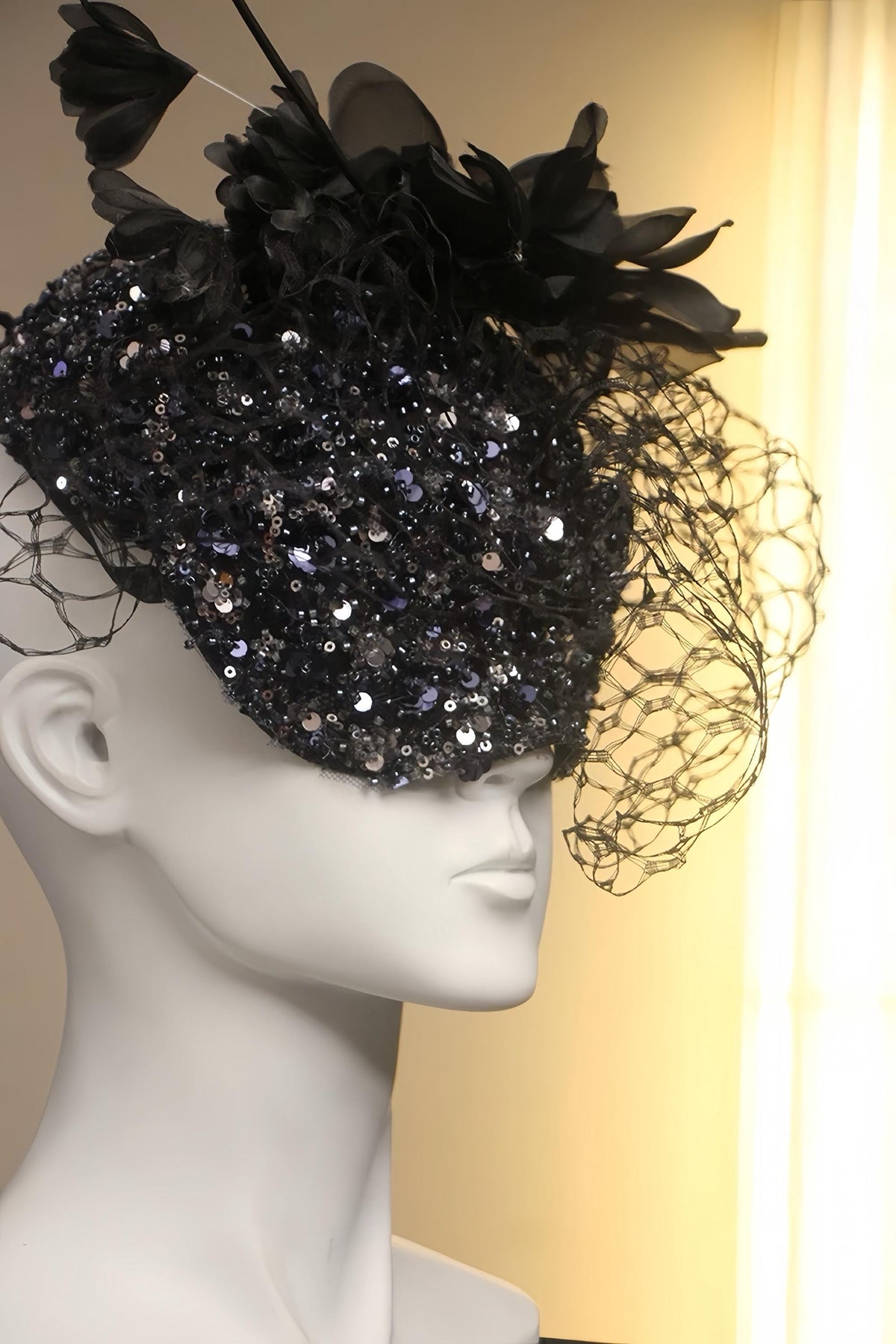 Detailed craftsmanship of the Black Sequin Flower Pillbox Hat