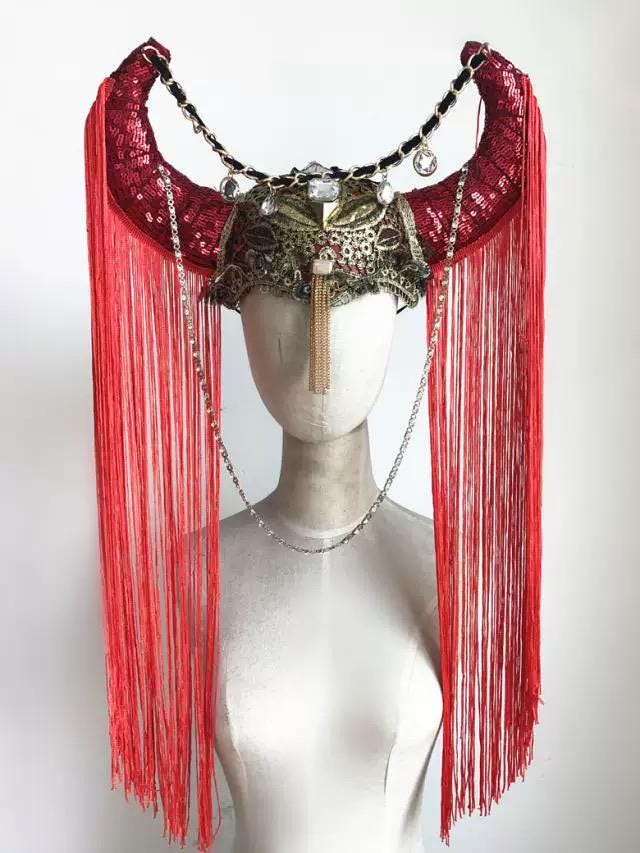 Handcrafted Red Sequin Devil Horns Long Fringe Headpiece with rhinestone, horn