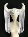 Additional handmade details of the Silver & White Embroidered Horns Headpiece