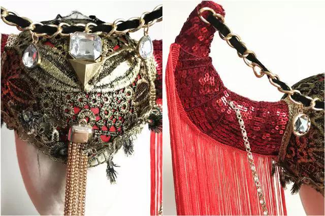 Red Sequin Devil Horns Long Fringe Headpiece showing its carefully made details