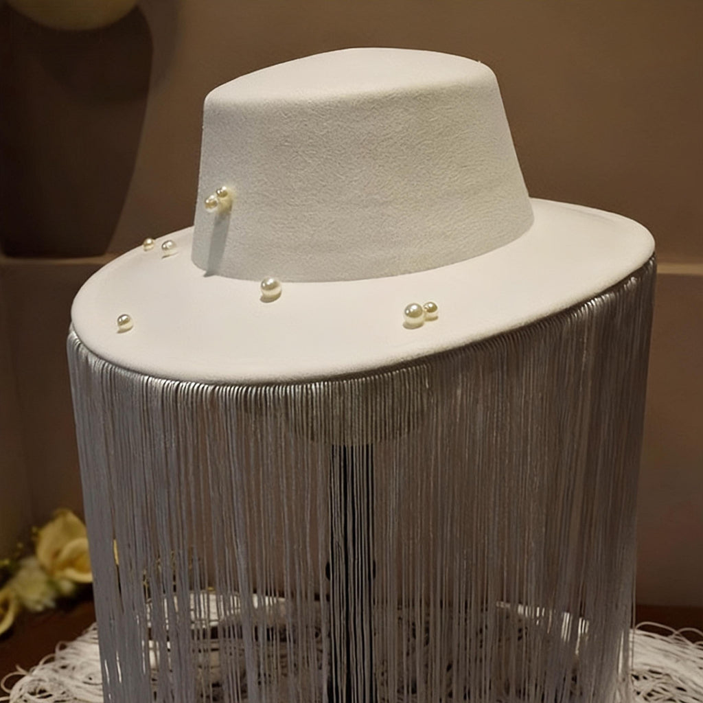 White Long Fringe Pearl Studs Hat showing its carefully made details