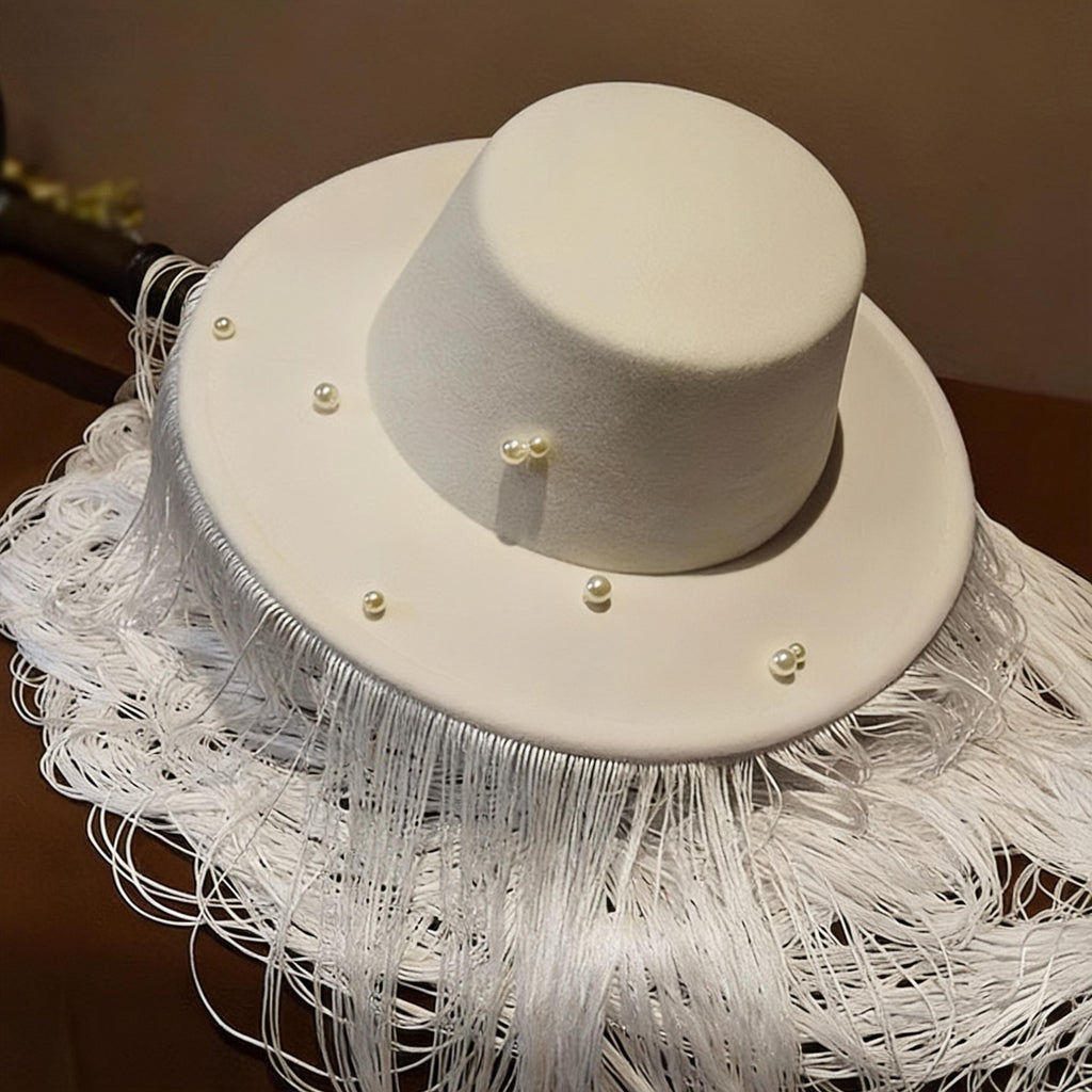 Made-to-order White Long Fringe Pearl Studs Hat by EclipseAdorn