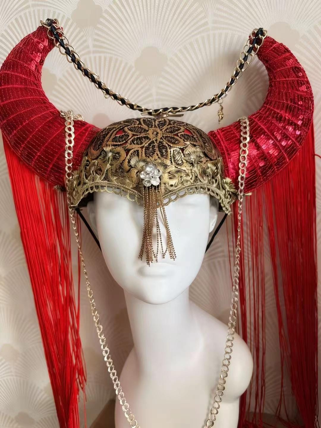 Detailed view of the handmade Red Sequin Devil Horns Long Fringe Headpiece
