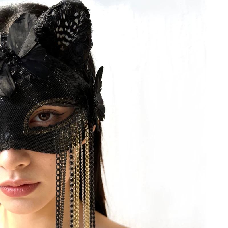 Detailed view of the handmade Black & Gold Cat Masquerade Mask