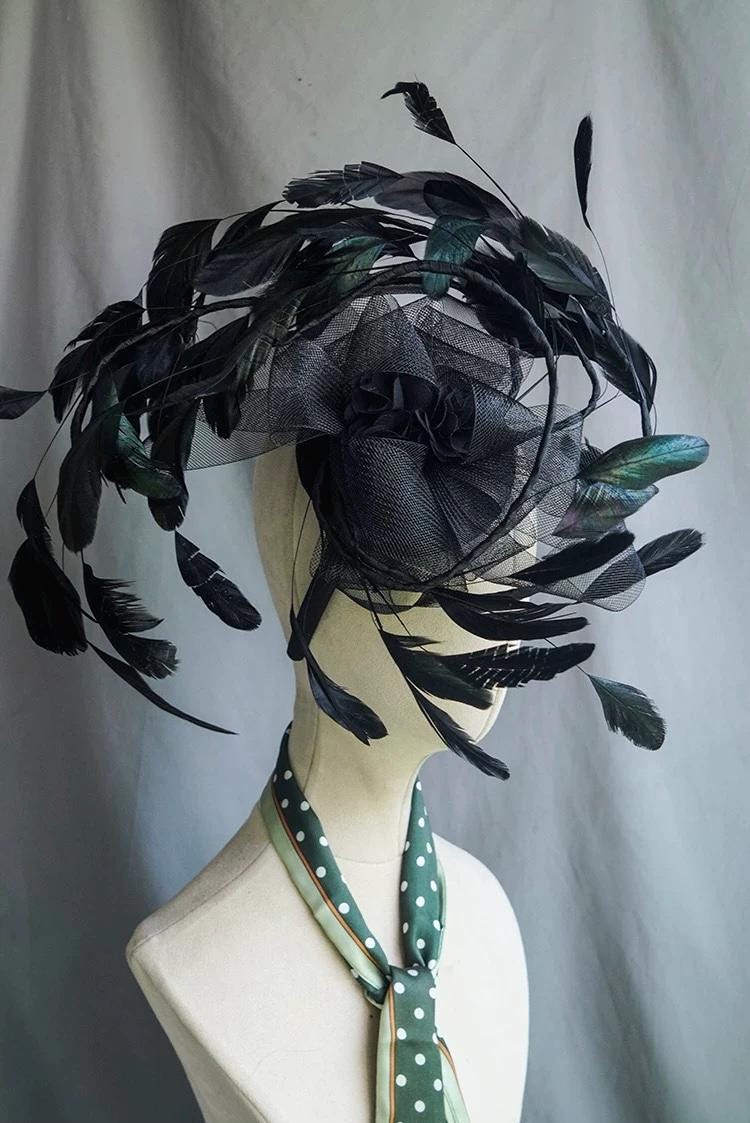 Black Feather Sculptural Gothic Fascinator showing its carefully made details