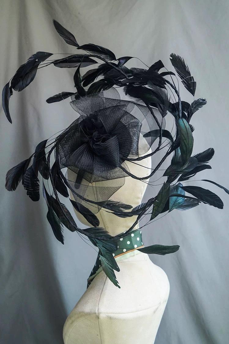 Handcrafted Black Feather Sculptural Gothic Fascinator with feather