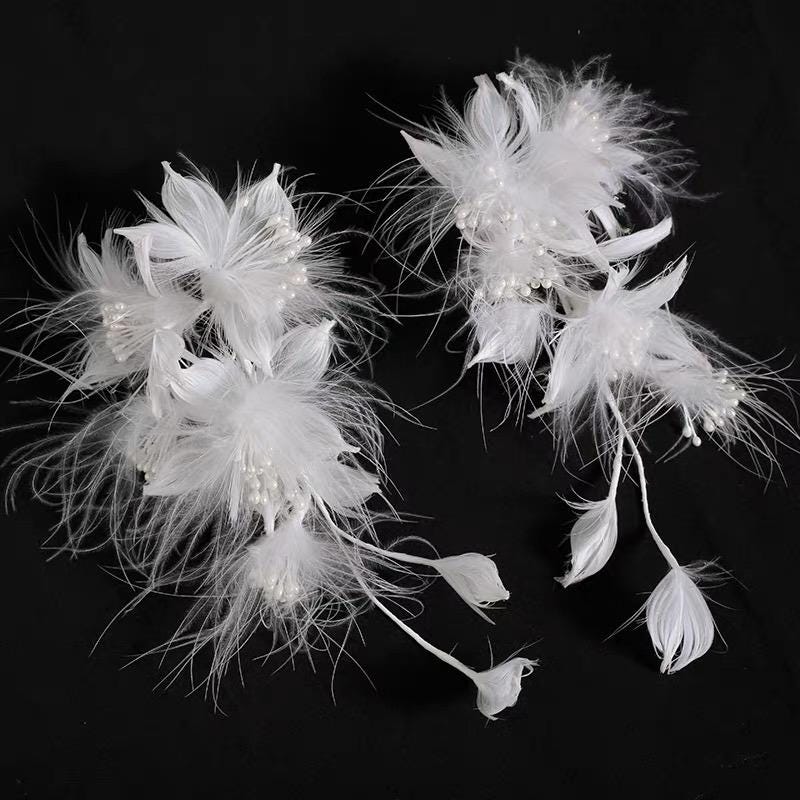 Handcrafted White Feather Flower Pair Vintage Ethereal Hair Clip with feather, flower