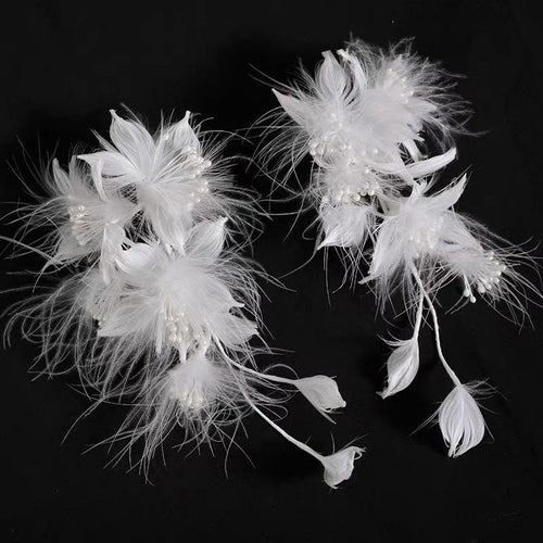 Handcrafted White Feather Flower Pair Vintage Ethereal Hair Clip with feather, flower