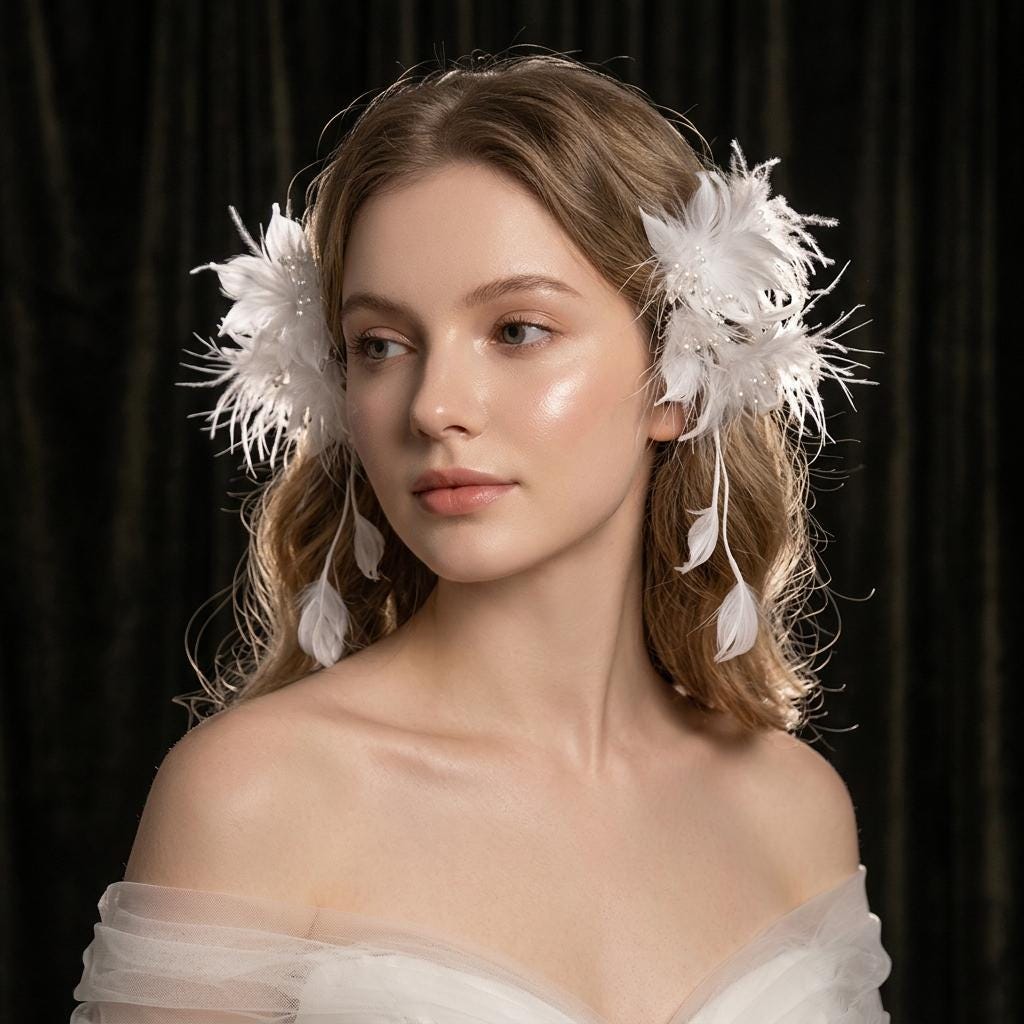 Handcrafted White Feather Flower Pair Vintage Ethereal Hair Clip by EclipseAdorn