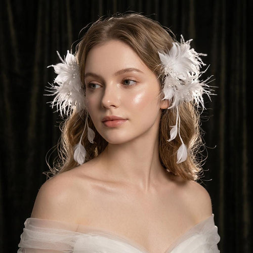 Handcrafted White Feather Flower Pair Vintage Ethereal Hair Clip by EclipseAdorn