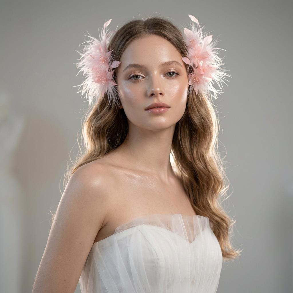Detailed view of the handmade White Feather Flower Pair Vintage Ethereal Hair Clip