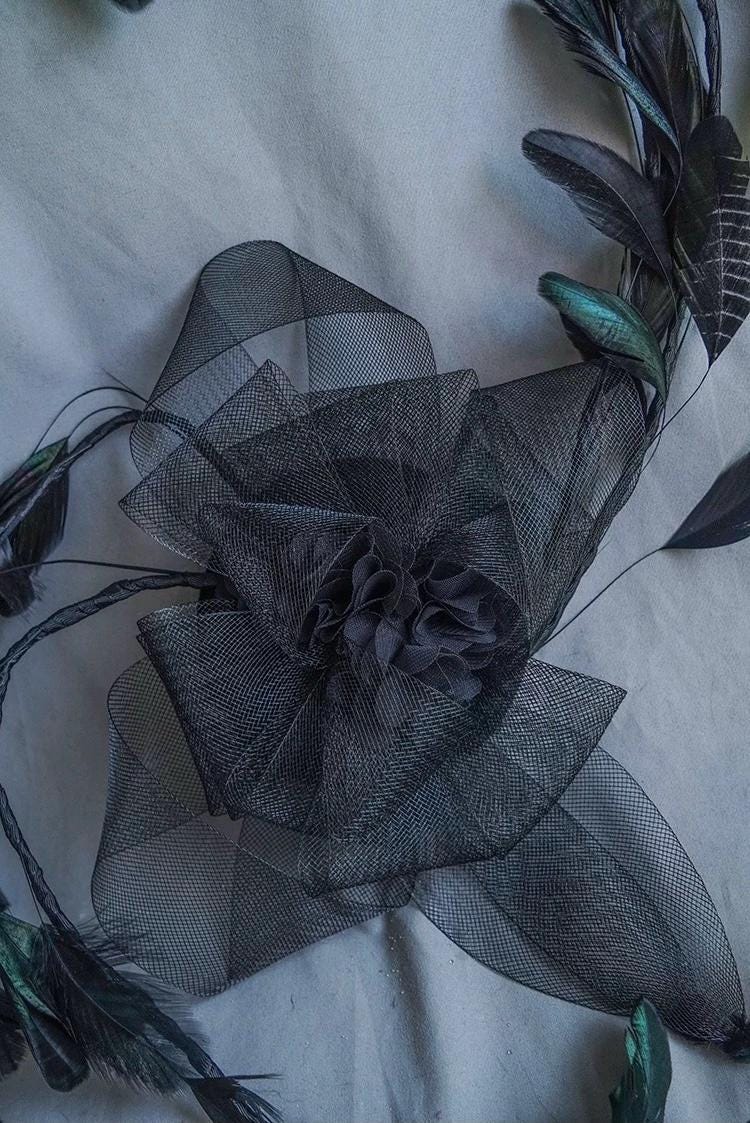 Artistic design details of the Black Feather Sculptural Gothic Fascinator