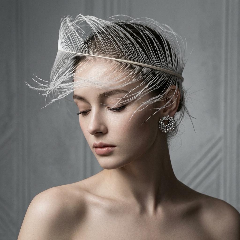 Handcrafted White Ostrich Feather Minimalist Avant Garde Headpiece by EclipseAdorn