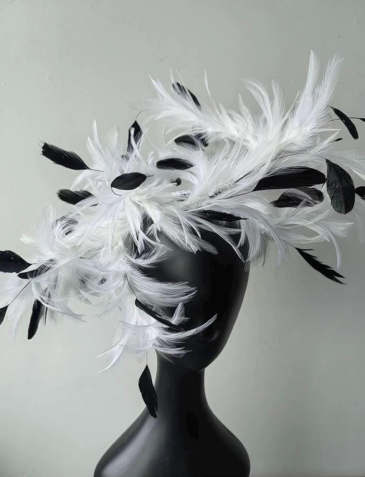 Black & White Feather Gothic Swan Fascinator showing its carefully made details