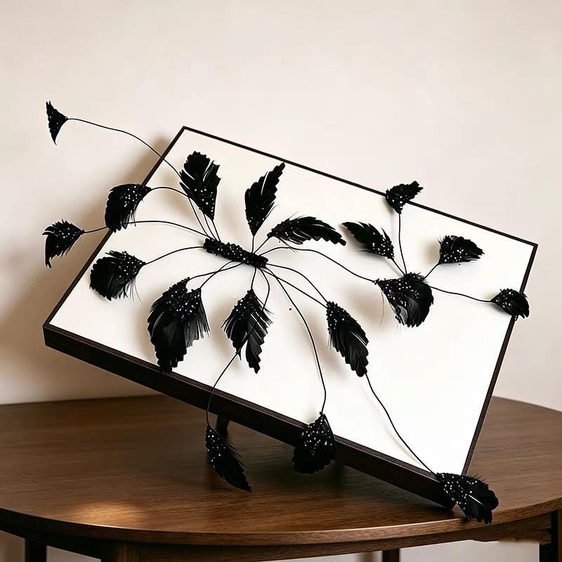 Detailed view of the handmade Black Avant Garde Feather Fascinator