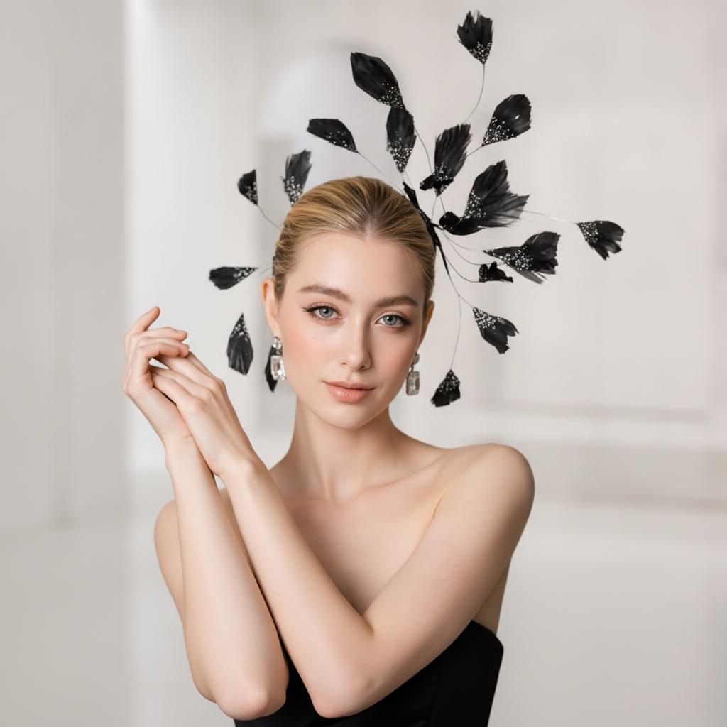 Black Avant Garde Feather Fascinator showing its carefully made details