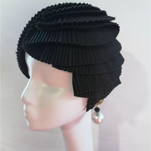 Handcrafted Black Avant Garde Pleated Sculptural Futuristic Headpiece showing its handmade design