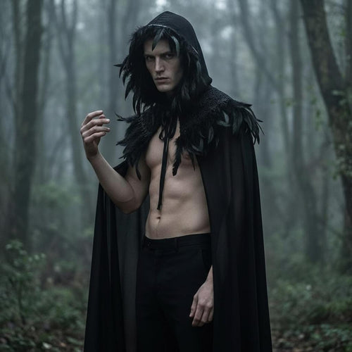 Handcrafted Black Feather Hooded Gothic Witch Fantasy Cape by EclipseAdorn