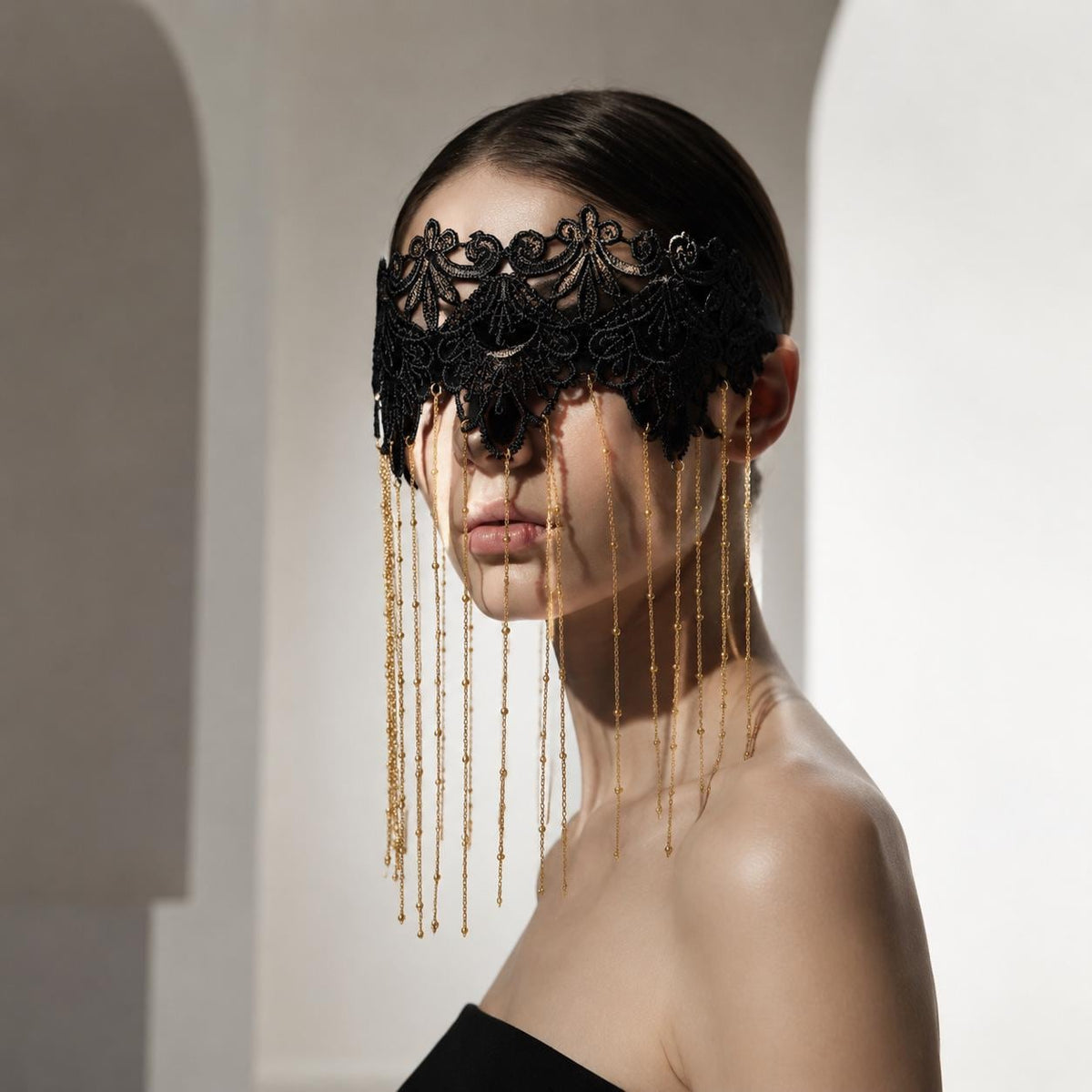 Handcrafted Black & Gold Lace Tassels Masquerade Mask by EclipseAdorn
