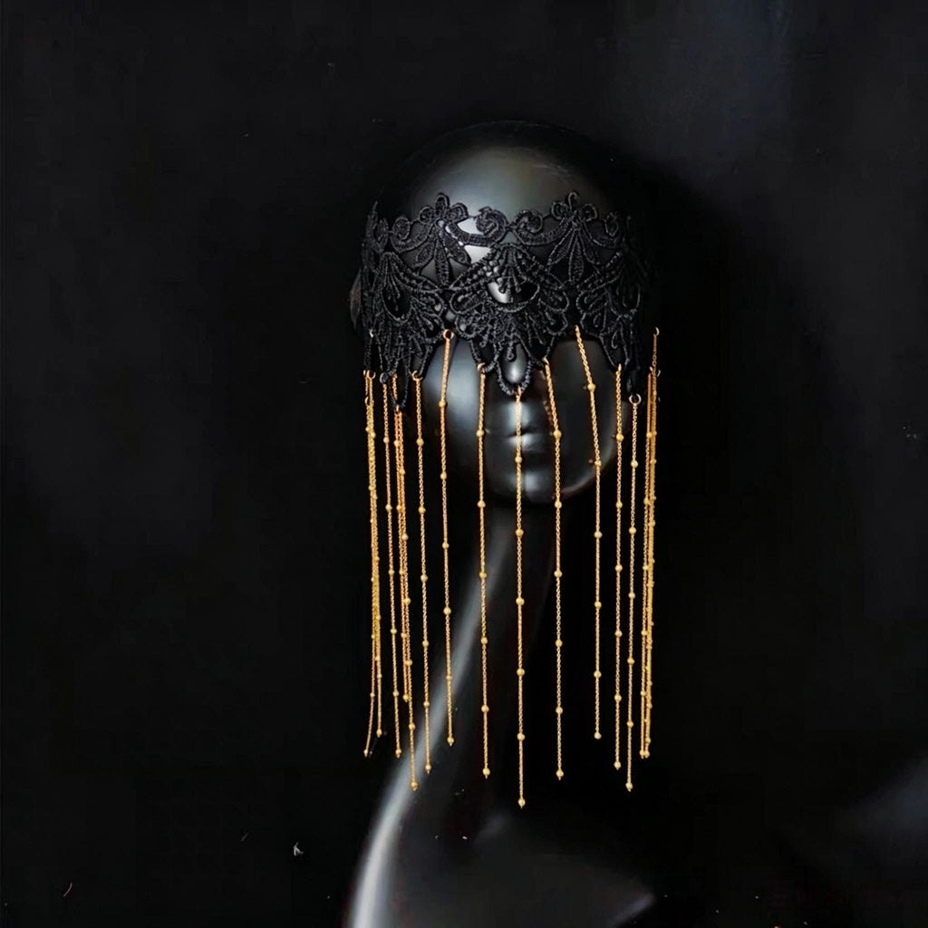 Handcrafted Black & Gold Lace Tassels Masquerade Mask with lace, veil