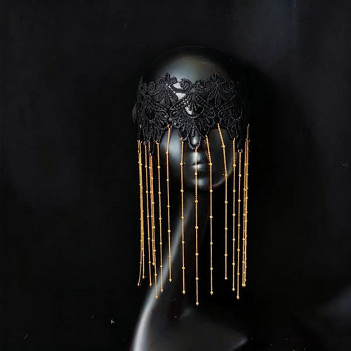 Handcrafted Black & Gold Lace Tassels Masquerade Mask with lace, veil