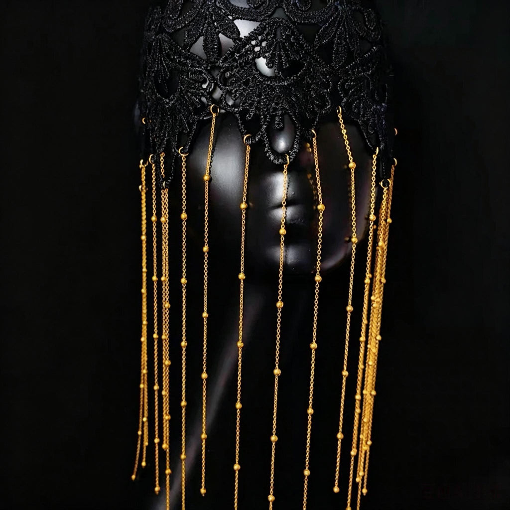 Detailed view of the handmade Black & Gold Lace Tassels Masquerade Mask