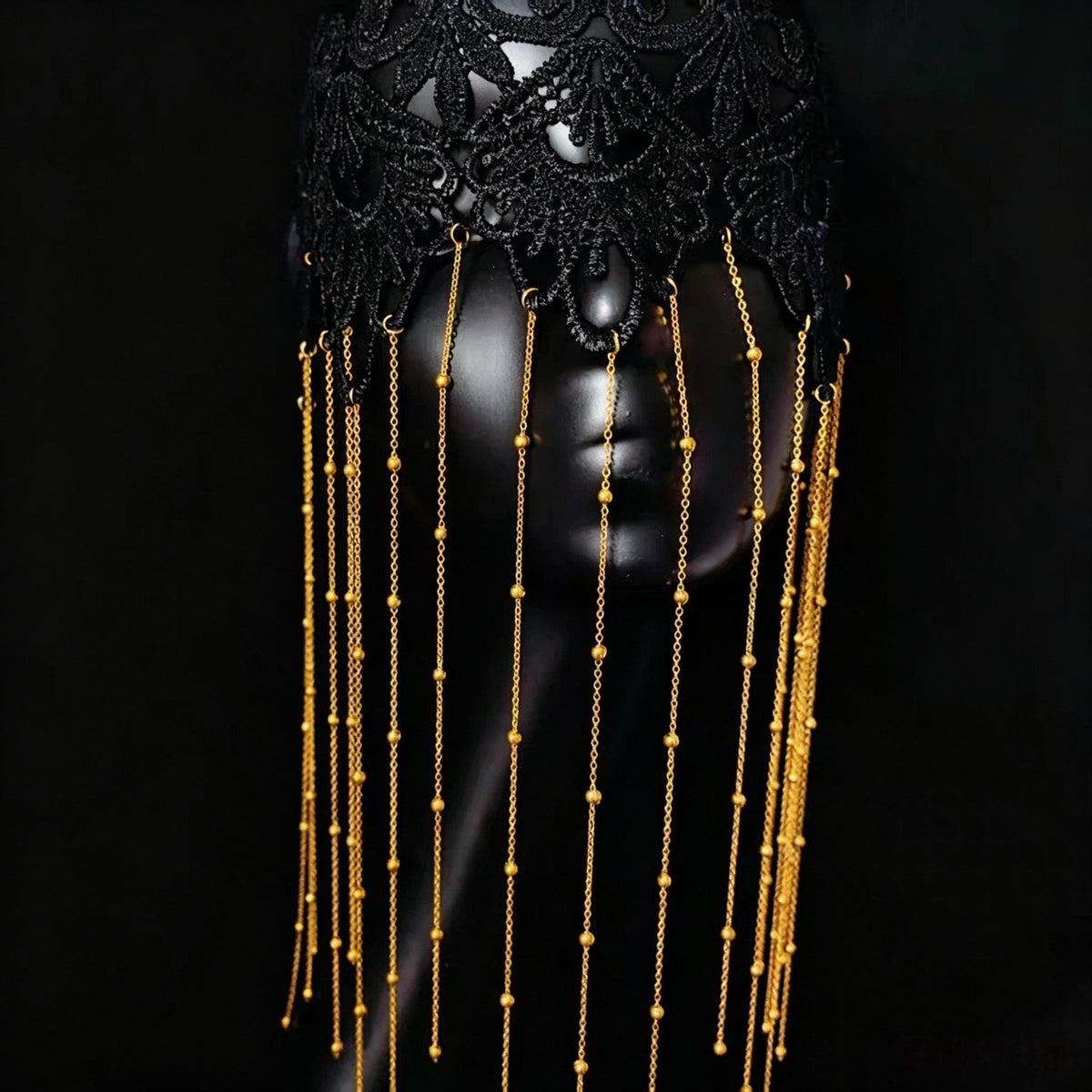 Detailed view of the handmade Black & Gold Lace Tassels Masquerade Mask