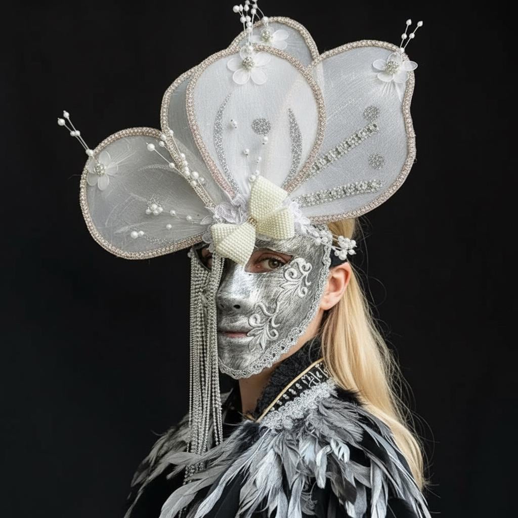 White Butterfly Venetian Rhinestone Fringe Masquerade Mask Masquerade Mask variant_title - EclipseAdorn