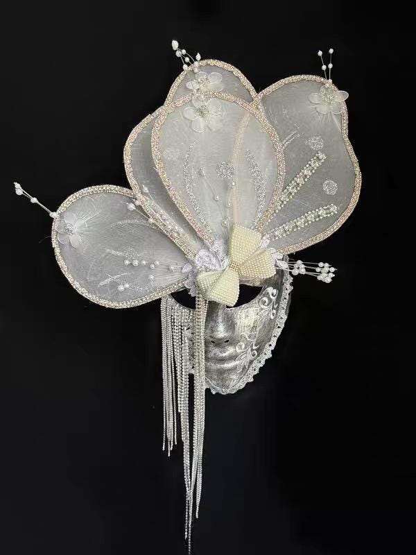 White Butterfly Venetian Rhinestone Fringe Masquerade Mask Masquerade Mask variant_title - EclipseAdorn
