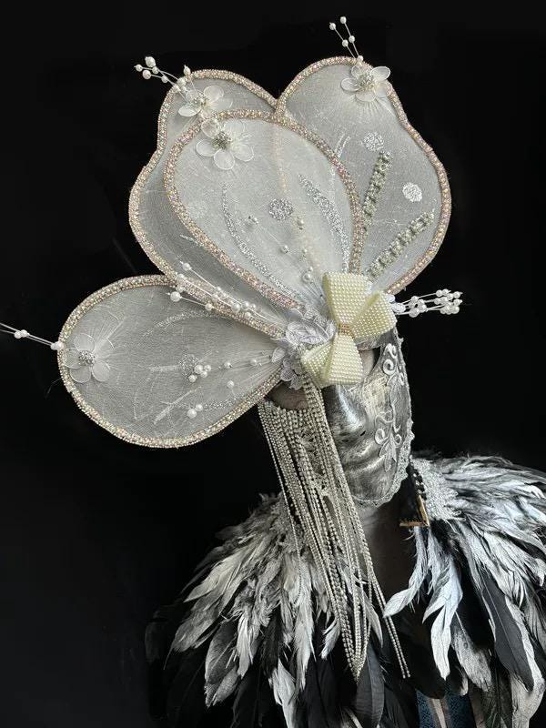 White Butterfly Venetian Rhinestone Fringe Masquerade Mask Masquerade Mask variant_title - EclipseAdorn