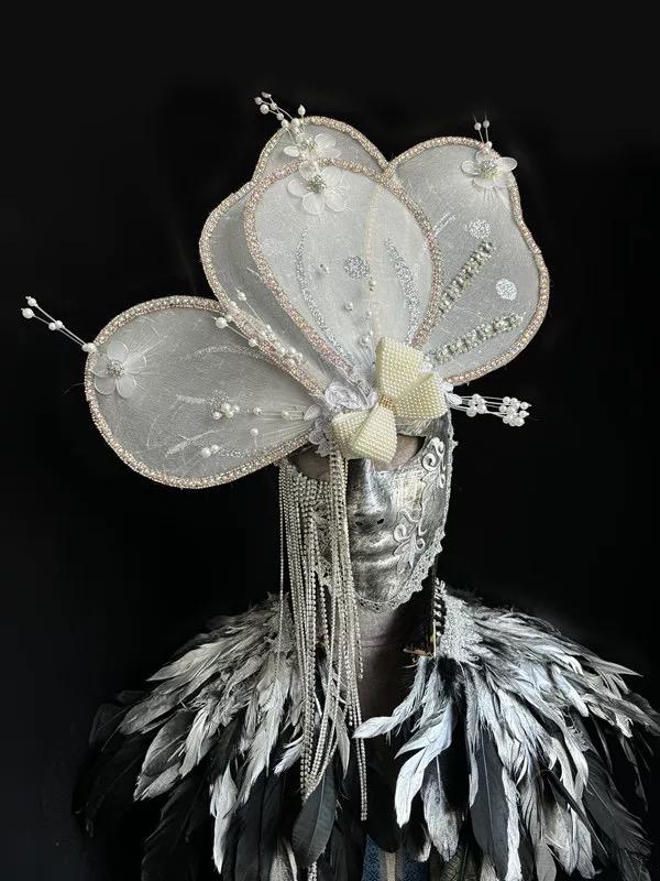 White Butterfly Venetian Rhinestone Fringe Masquerade Mask Masquerade Mask variant_title - EclipseAdorn