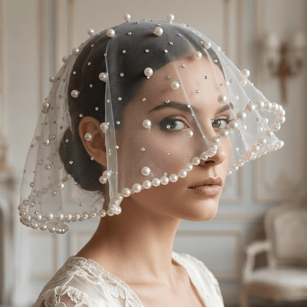 White Pearl Birdcage Veil - EclipseAdorn