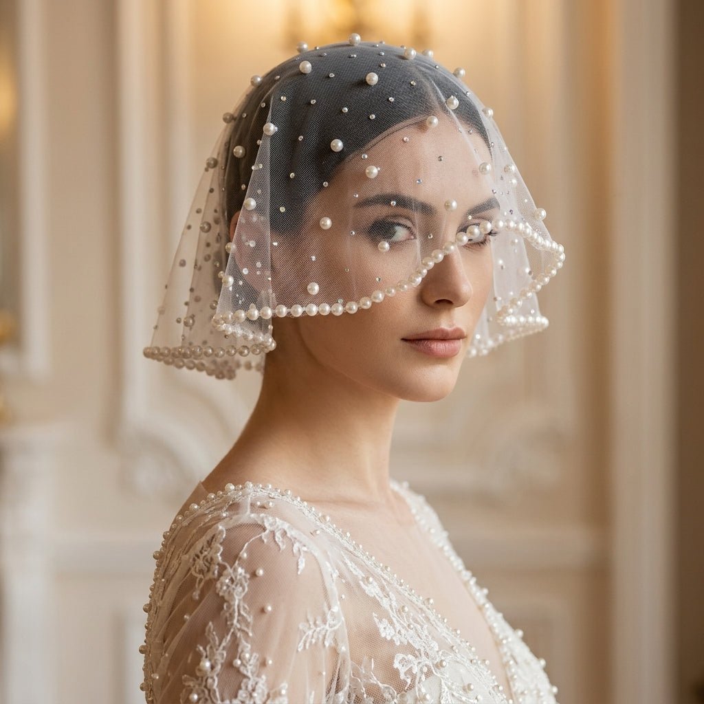 White Pearl Birdcage Veil - EclipseAdorn